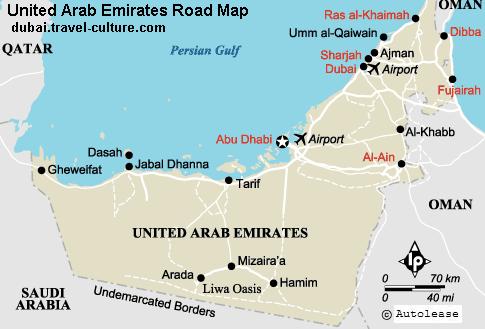 Uae Road Map showing different cities and town of UAE and other ...